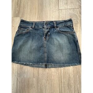 Vtg Abercrombie & Fitch Y2K Denim Mini Skirt Frayed Hem Blue Wash Cotton Size  6